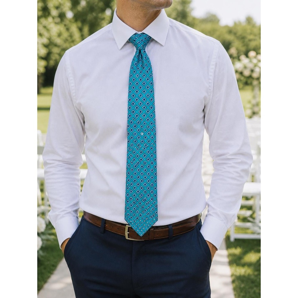 Oakton Ltd Mens Silk Tie Blue Turquoise Geometric Italian Necktie Classic Preppy - Picture 2 of 8